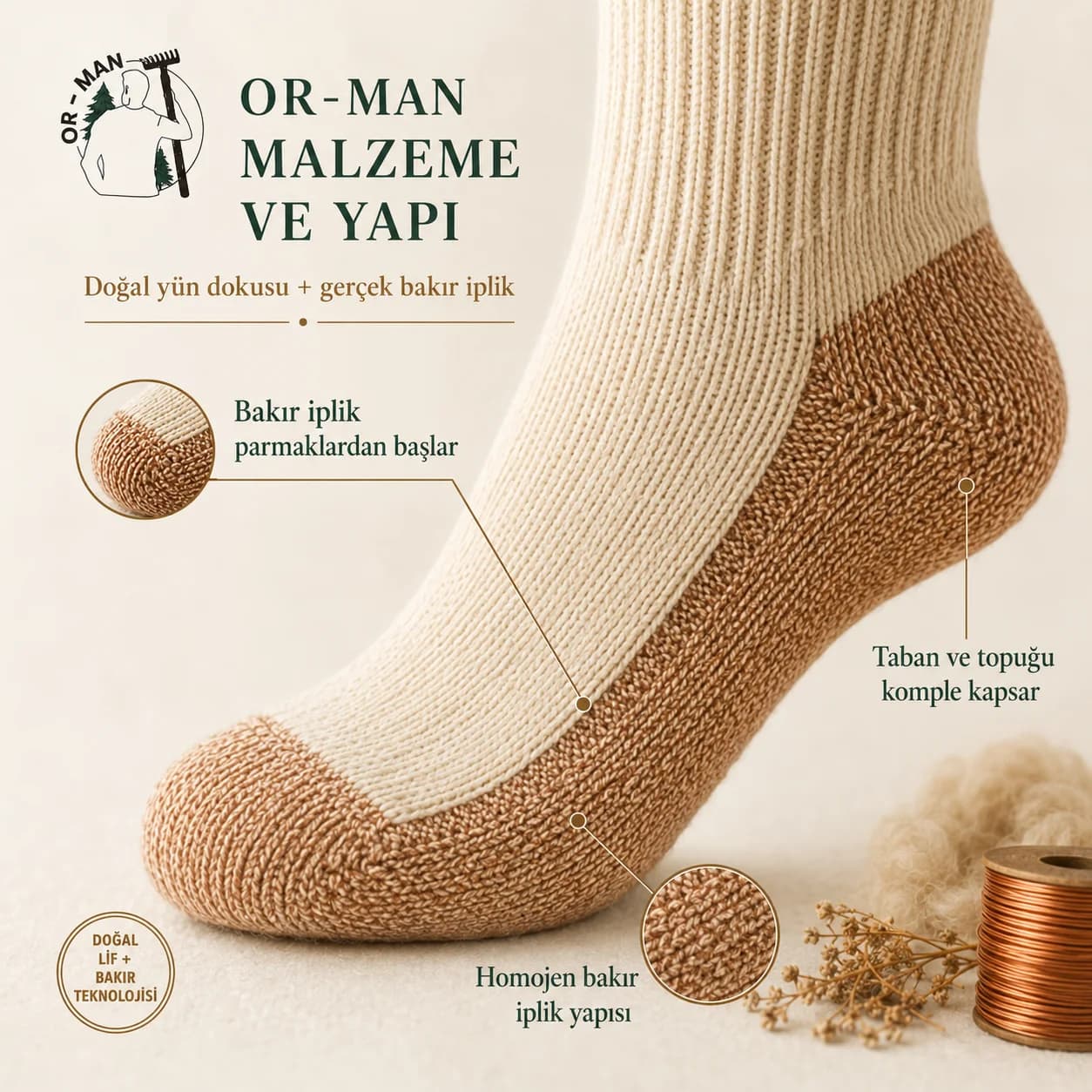 OR-MAN Koyun Yünü Bakır İplik Çorap