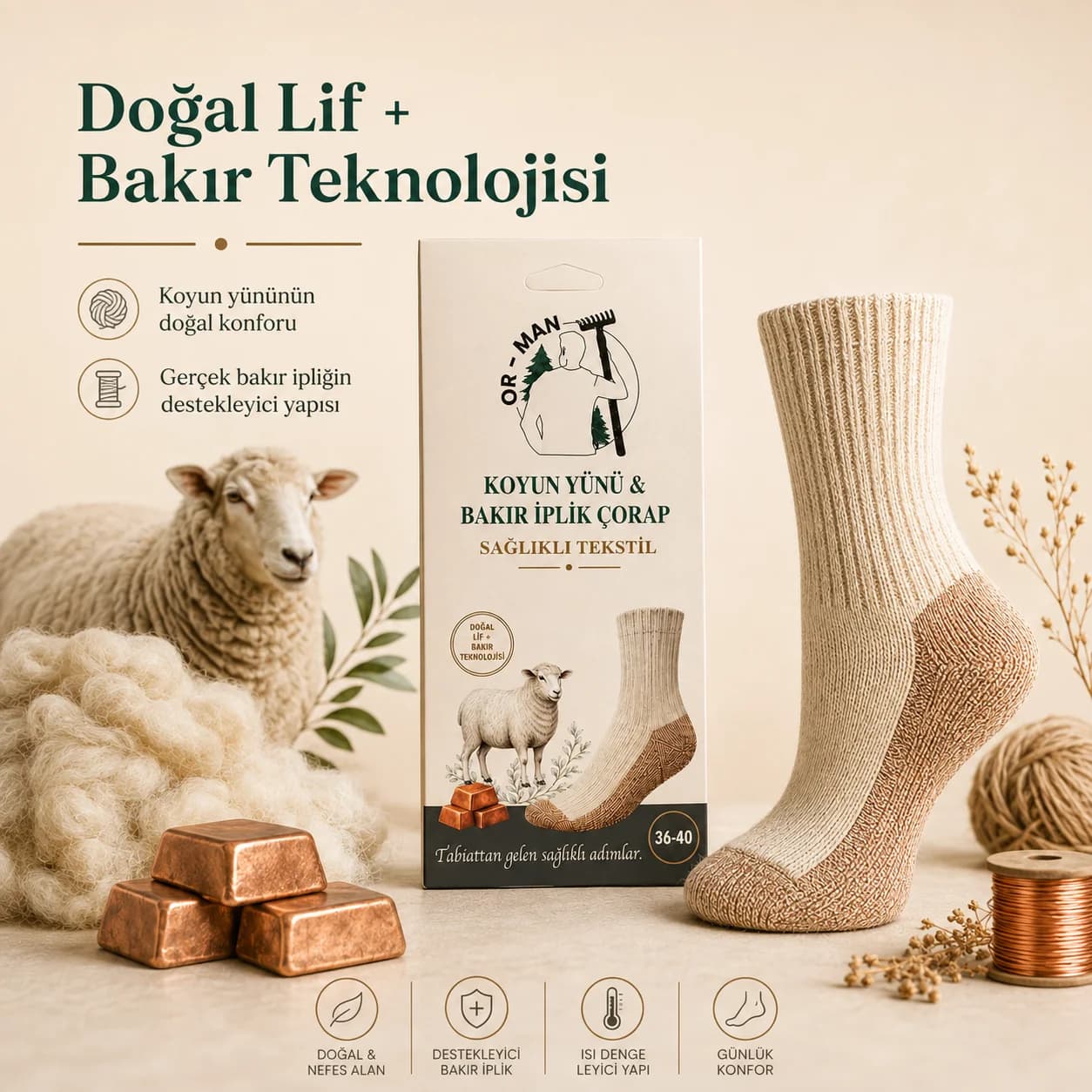 OR-MAN Koyun Yünü Bakır İplik Çorap