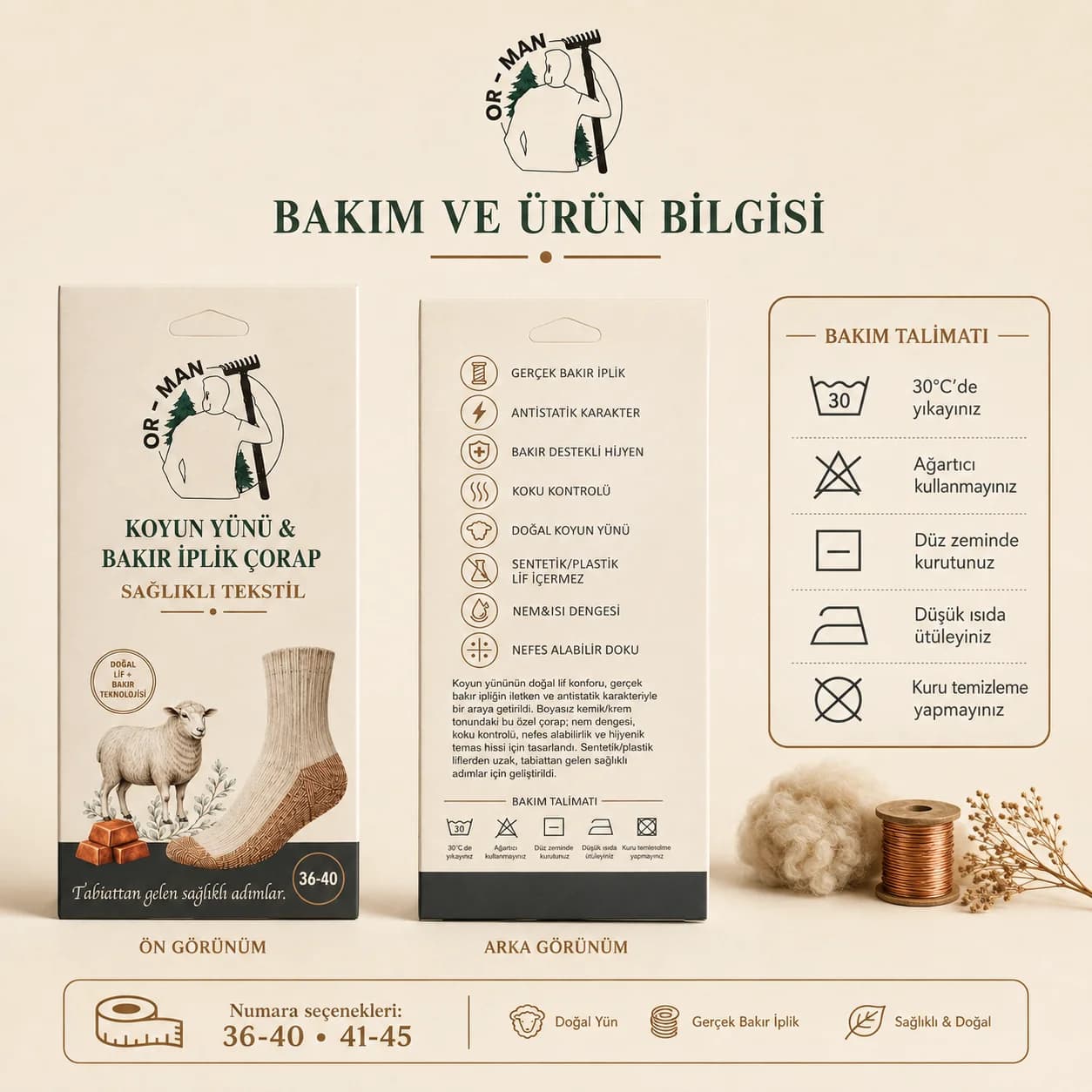 OR-MAN Koyun Yünü Bakır İplik Çorap