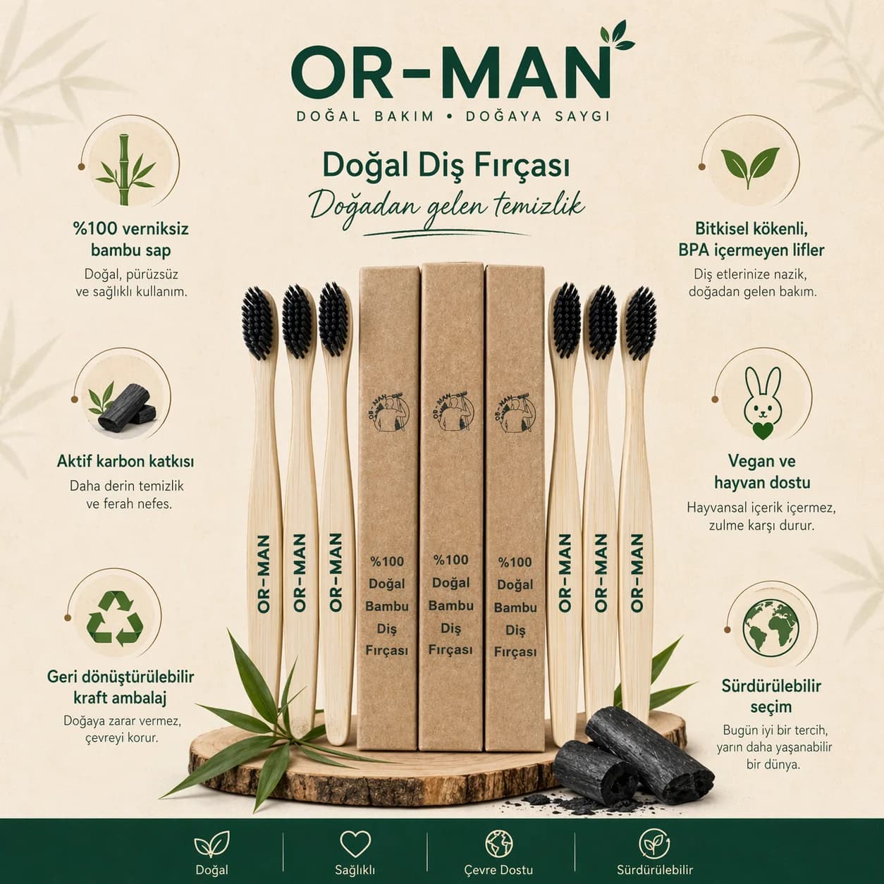 Doğal Aktif Karbonlu Bambu Lifli Diş Fırçası