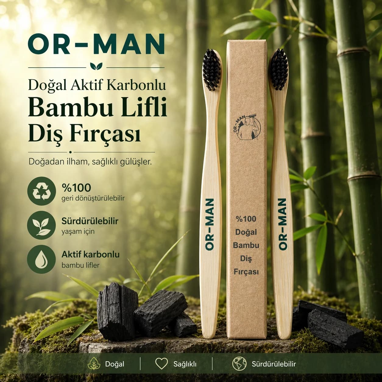 Doğal Aktif Karbonlu Bambu Lifli Diş Fırçası
